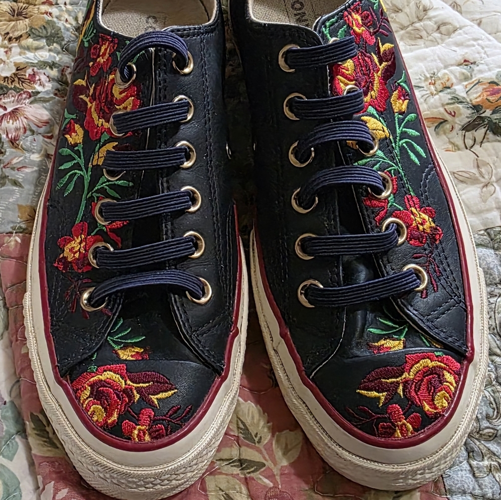 Navy Floral Embroidered Converse